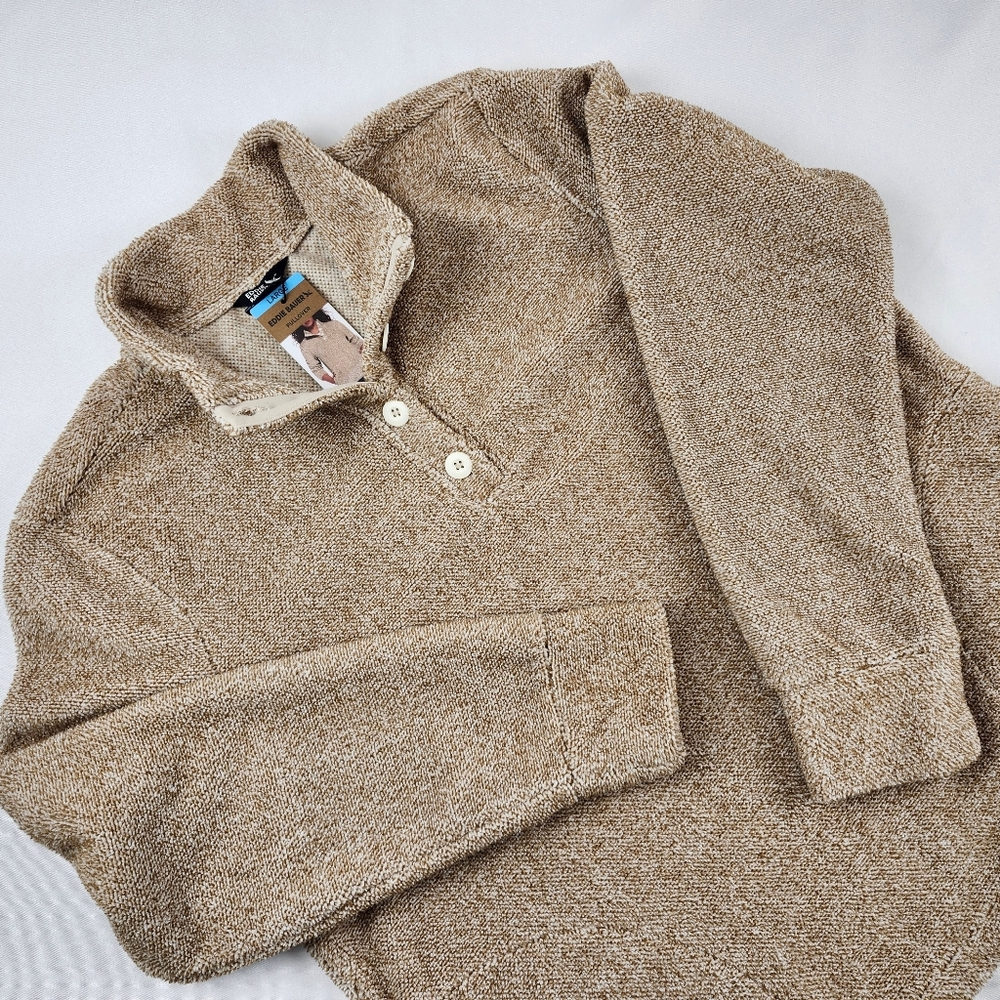 Eddie Bauer Women's Four Button Fleece Pullover Sweater Large Pumice Tan Beige